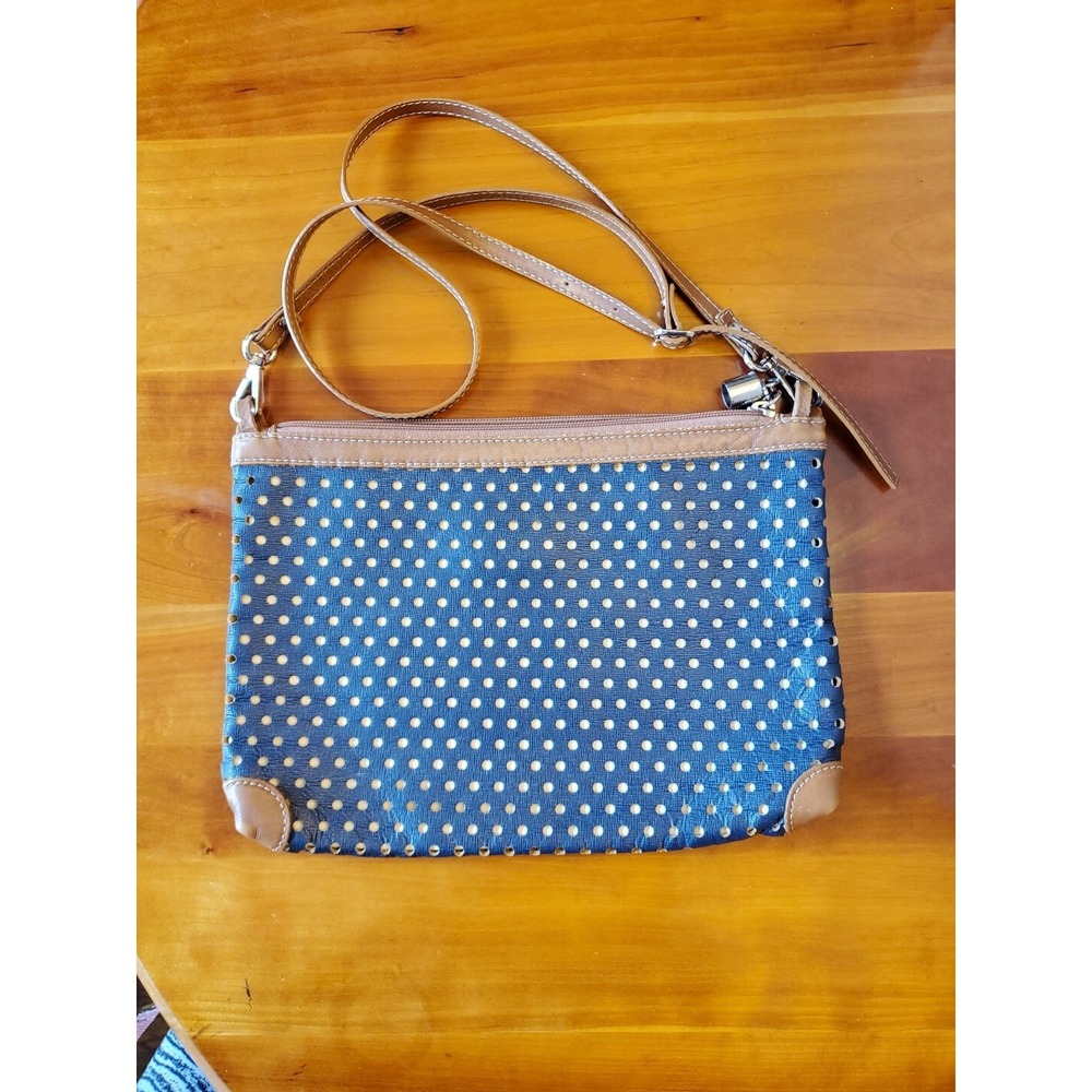 NICOLI Purse Navy & Tan‎ Perforated Genuine Leather Shoulder Bag Vintage
